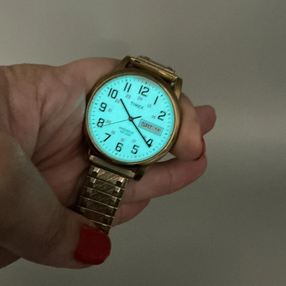 Timex Easy Reader Indiglo Mens Watch 35mml Gold Tone Day Date New Battery